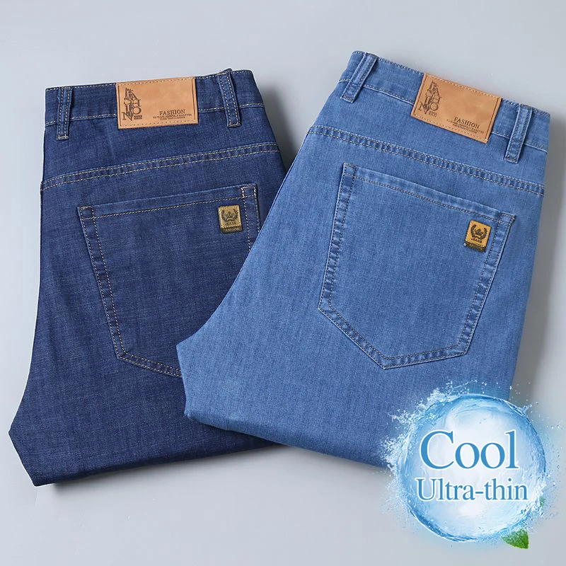 Brand Clothing 2026 Summer Thin Men's Elastic Jeans Business Straight Casual Denim Pants Fashion Light Blue Trousers Plus Size