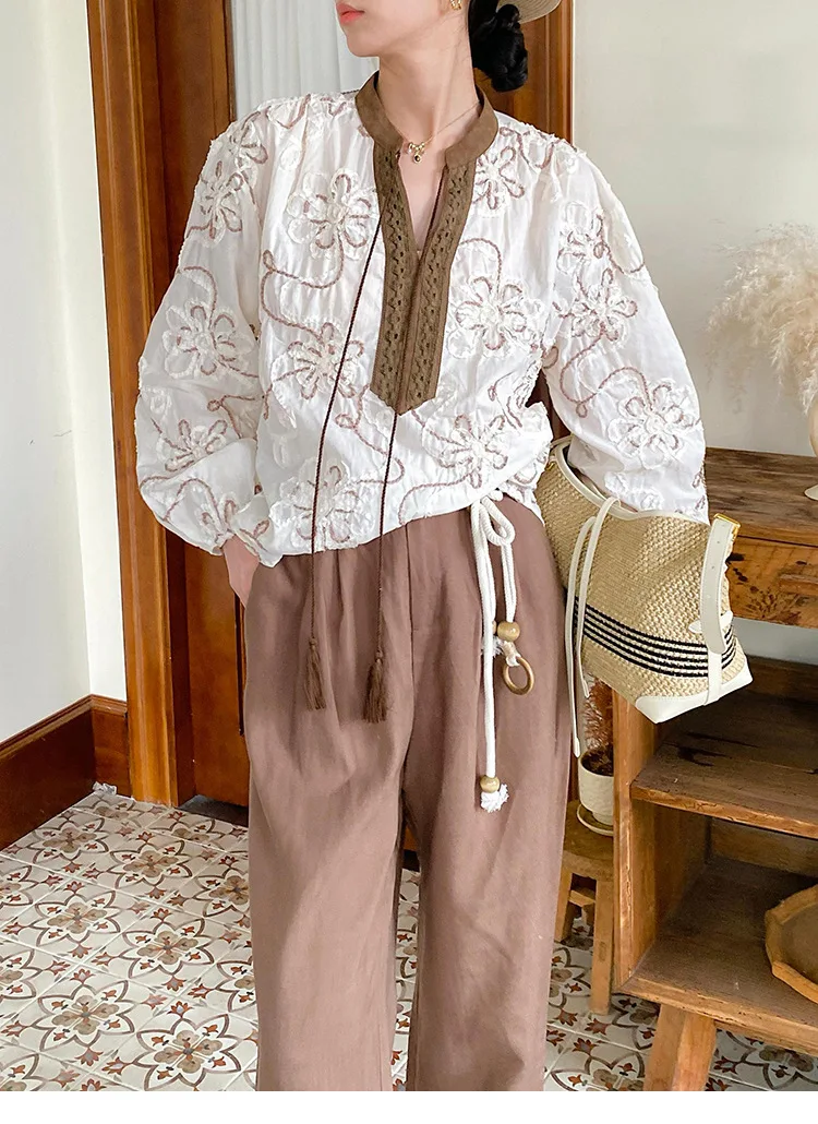 Französisch Chic Floral Stickerei Bluse Shirt Beige Frauen 100% Baumwolle Frühling Herbst Lose Lange Laterne Hülse Casual Damen Top Neue