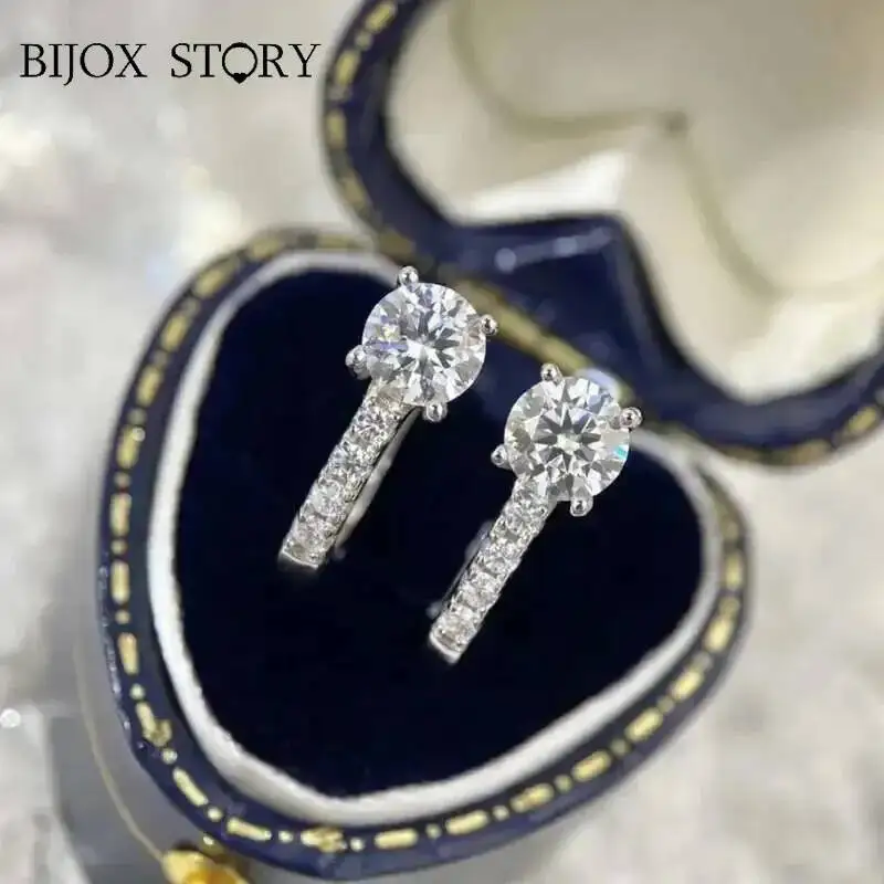 BIJOX STORY 925 Sterling Silver Earrings Moissanite Lab Created Diamond Jewelry For Women Wedding Ear Hoops Elegant Lady Choice