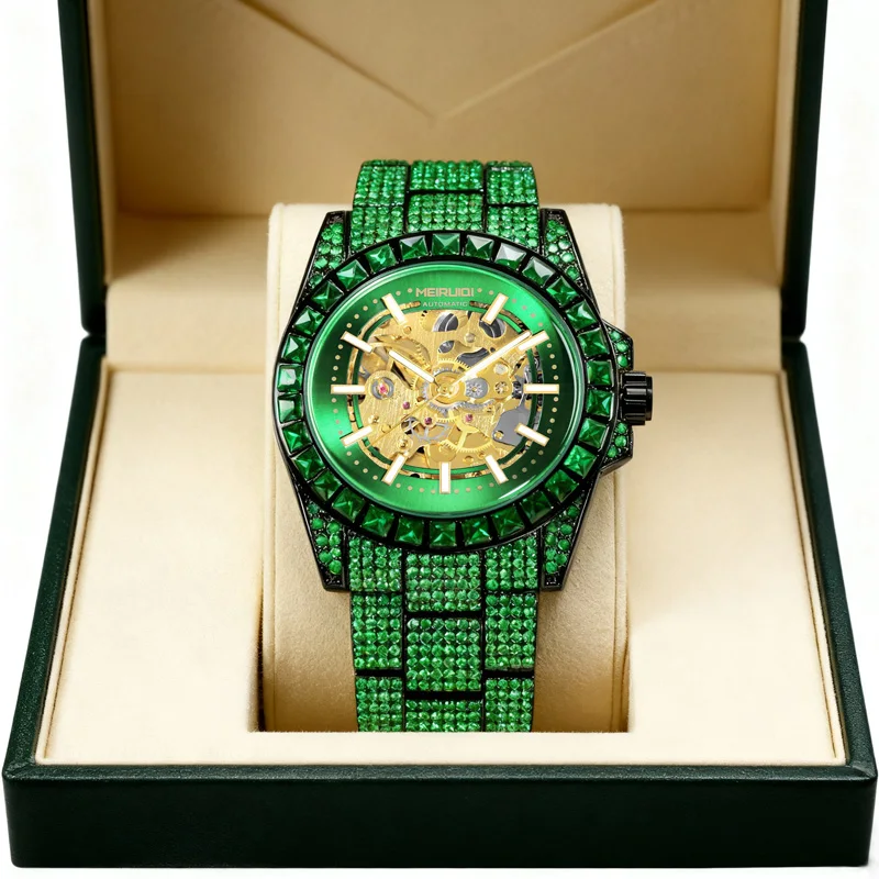 

Мужские зеленые часы с металлическим ремешком, цифровым дисплеем Luo Wu, желтым циферблатом, стильные, повседневные и модные, полностью автоматические механические часы.