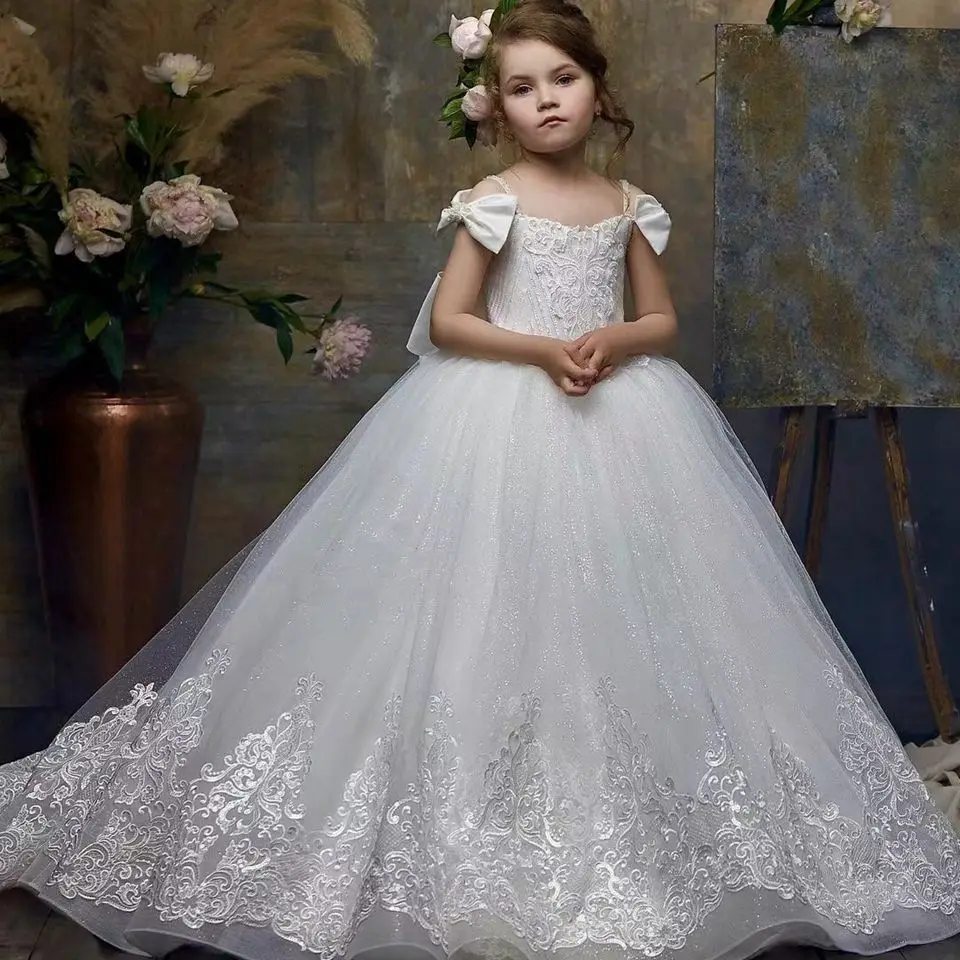 

Elegant White Puffy Tulle Flower Girl Dresses for Weddings Princess Kids Evening Party Prom First Communion Pageant Ball Gowns