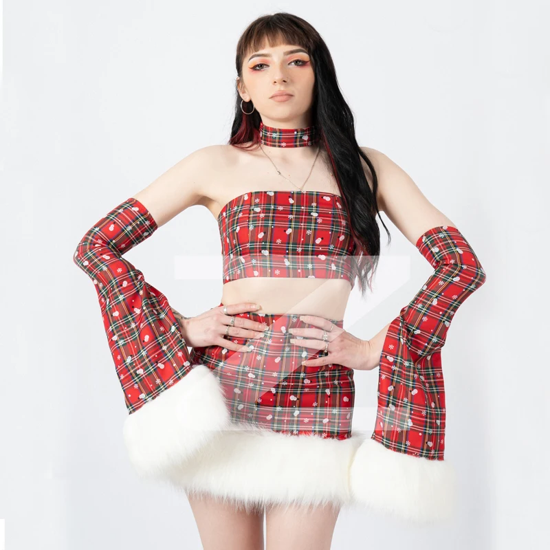 

Christmas Group Jazz Costumes Women Red Plaid Top Skirt Nightclub Dj Ds Party Gogo Clothing Stage Festival Outfits XS5663