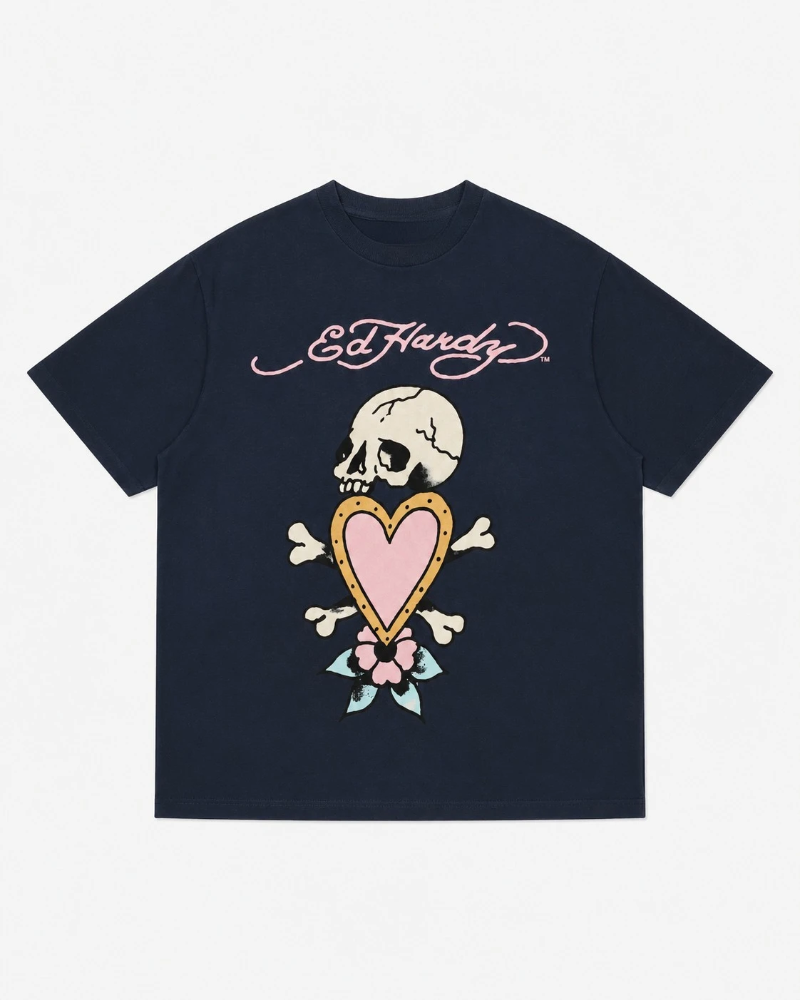 2026 Vintage Goth Tattoo Art Tee Men Women Retro Cracked Skull Pink‑Heart Floral Print Cotton Short‑Sleeve Y2K Street T‑Shirt
