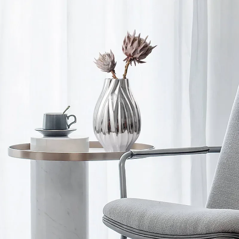 Modern Electroplated Silver Vase for Living Room Hotel Decor Light Luxury Flower Arrangement Ornament for Home Office Display
