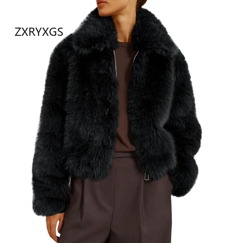 ZXRYXGS Temperament Trendy Lapel Zipper Faux Fur Jacket Women's Coat 2025 New Autumn Winter Jackets Short Fashion Casual Coat