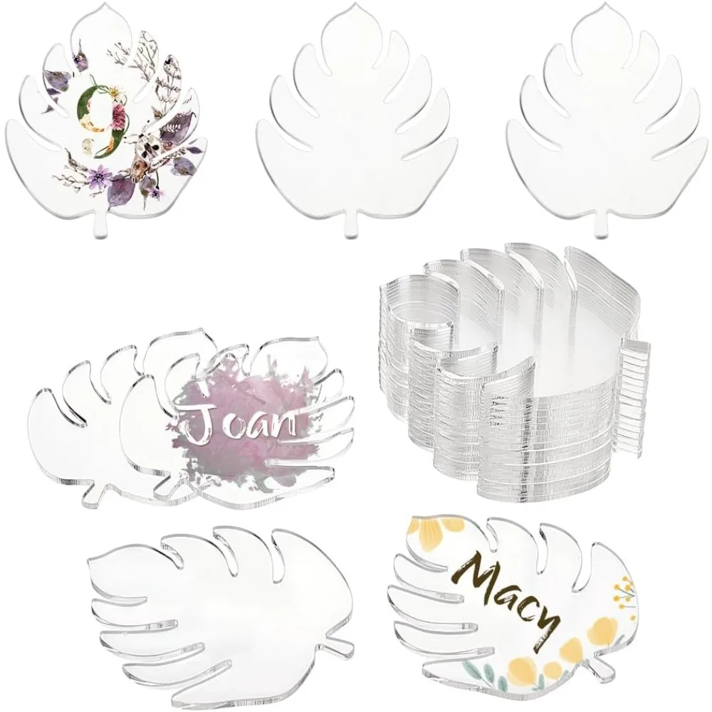 20Pcs Clear Acrylic Place Cards Acrylic Seating Cards Sign for Wedding Acrylic Name Place Cards Monstera Leaves Blanks