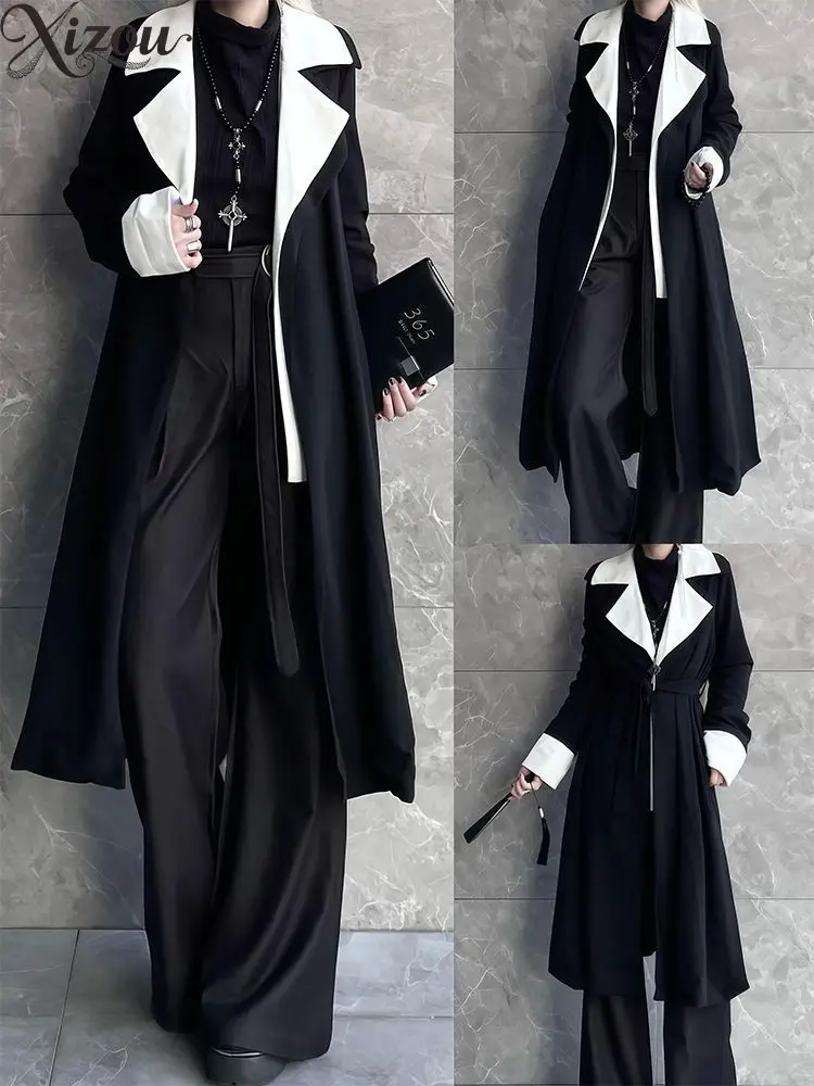 Prince's Long Trench Coat Autumn New Gothic Contrasting Color Lapel Over Knee Coat Fashion Men's and Women's Dark Wind Coat