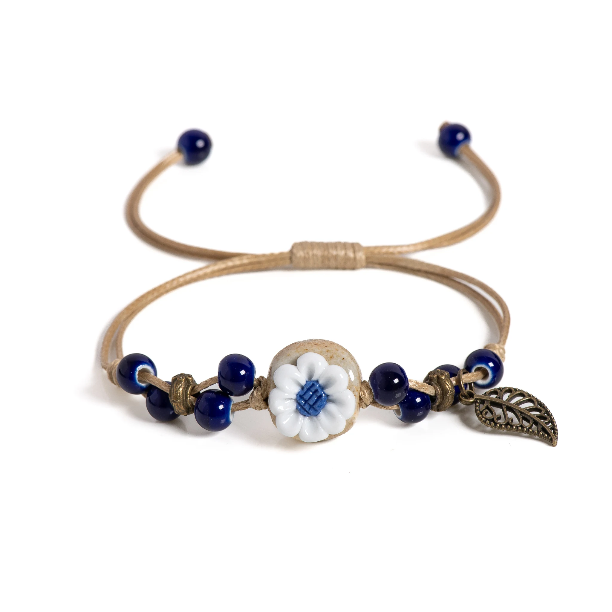 Handmade Sunflower Leaf Ceramic Bracelet Boho Adjustable Jewelry for Women Vintage Ethnic Gift S02-016