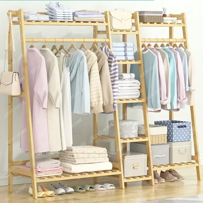 Bamboo Material Clothes Rack Multifunctional Clothes Hanger Trapezoid Design Storage Rack Multi-layer Structure Wardrobe Hangers