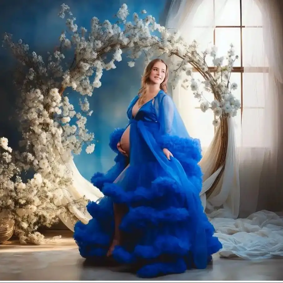 

Royal Blue Maternity Dress for Photo Shoot Tulle Custom Made Baby Shower Boho Pregnacy Gown for First Birthday