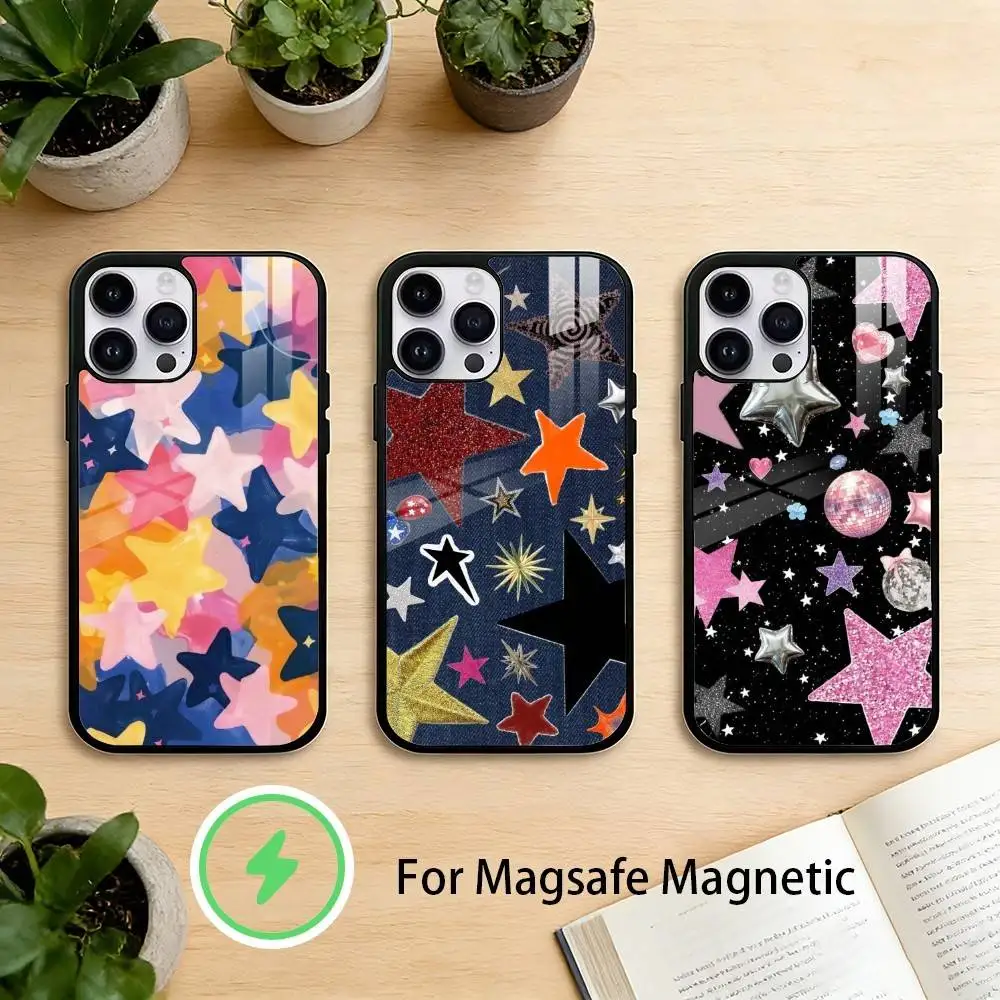 

C-Colorful Star Evil Eye Clear Phone Case For iPhone 17 16 15 14 13 12 Pro Max Plus for Mirror Wireless Magnetic Cover