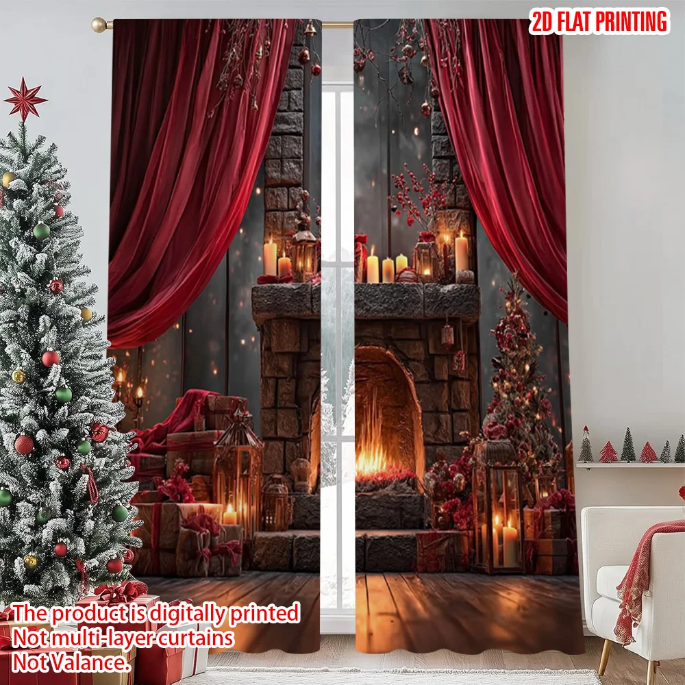 

2pcs 2D flat printing Christmas Curtains Christmas fireplace and tree Versatile Polyester Without Electricity Versatile Use for