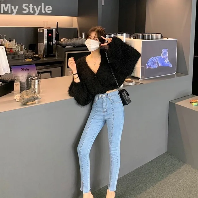 Maglione cardigan aperto lavorato a maglia V-Ne chic da donna lungo sciolto Sve soffice sensazione autunno inverno pigro Sle design a due bottoni