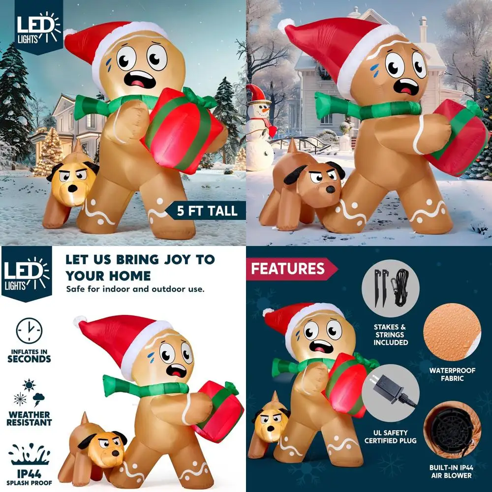 

Гигантский 5-футовый пряничный человечек и собак, надувное рождественское уличное украшение со светодиодной подсветкой для газона и сада