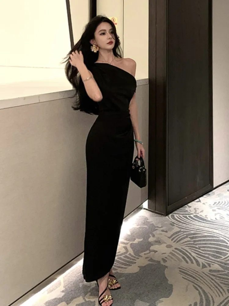 

Women French Vintage Black One-Shoulder Long Dress Sexy Sleeveless Slim Waist Maxi Dresses Elegant Party Prom Female Clothe Robe