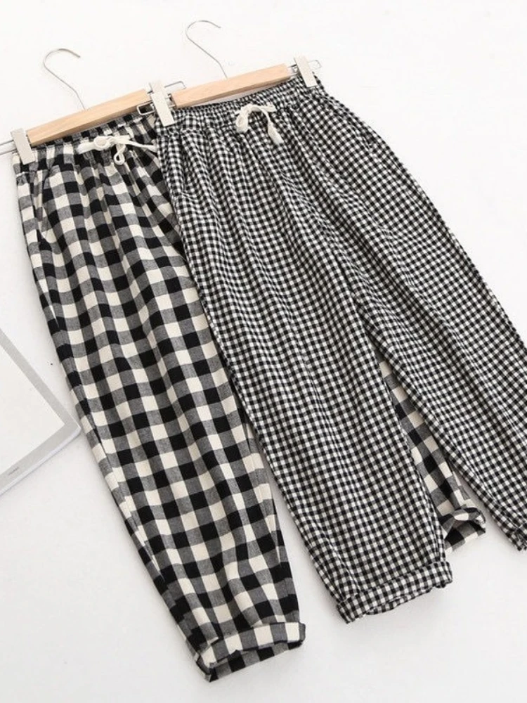 2024 Spring Summer Plaid Pants Women\'s  Harem Pants Capris Drawstring Waist Large Size Casual Loose Cotton Linen Trousers Women