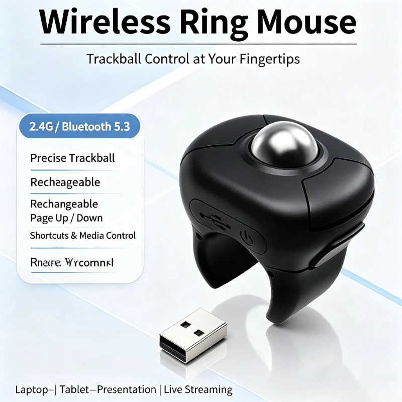 Portable Wireless Finger Ring Trackball Mouse, 2.4G+Bluetooth Dual‑Mode Remote Controller for PPT Short‑Video Car Operation