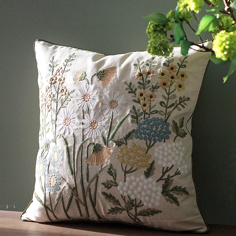 45x45cm Throw Pillows Cotton Linen Flower Embroidery Pillowcase Cover Sofa Car Cushion with Core Home Decor for Living Room