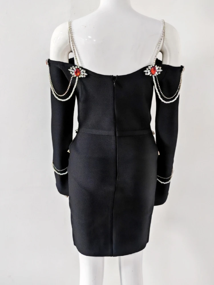 مثير قبالة الكتف الماس سلسلة البسيطة ضمادة فستان المرأة السوداء طويلة الأكمام الجوف خارج Bodycon فساتين السهرة رداء حفلات