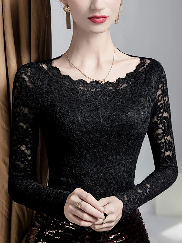 

Long Sleeve Lace Base Layer Top for Women 2025 Fall New Solid Color Elegant T-shirts for Chic Layering