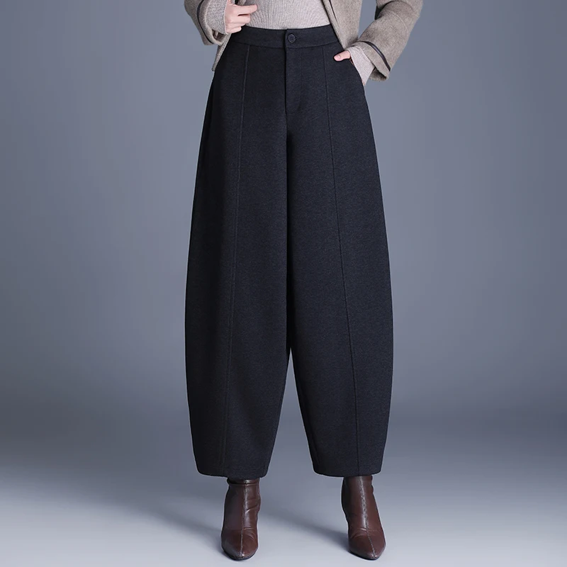 

Широкие брюки-фонарики из шерсти для женщин, с высокой талией, на шнурке, повседневные, осенне-зимние, новинка