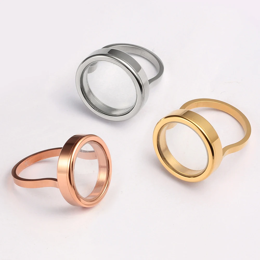 Twist Open 22.5mm/25mm Screw Top Silver/Gold/Rose Gold Color 316L Stainless Steel Floating Glass Living Memory Locket Ring