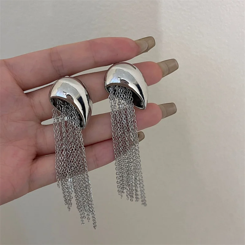 XIALUOKE Metallic Geometric Long Tassel Earrings For Women European American Style Multilayer Chain Earrings Accessories