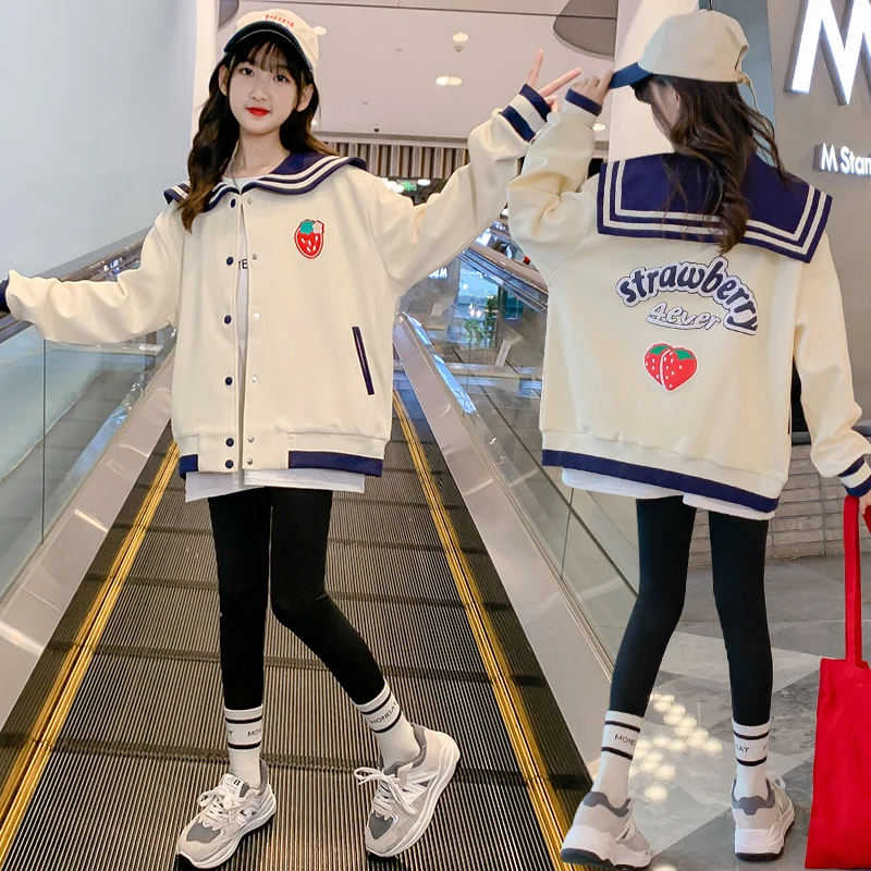 New Autumn Children Cotton Sailor Collar Baseball Jacket Coat For Teenage Girls Loose Casual Sportswear Kids Strawberry  Outfit