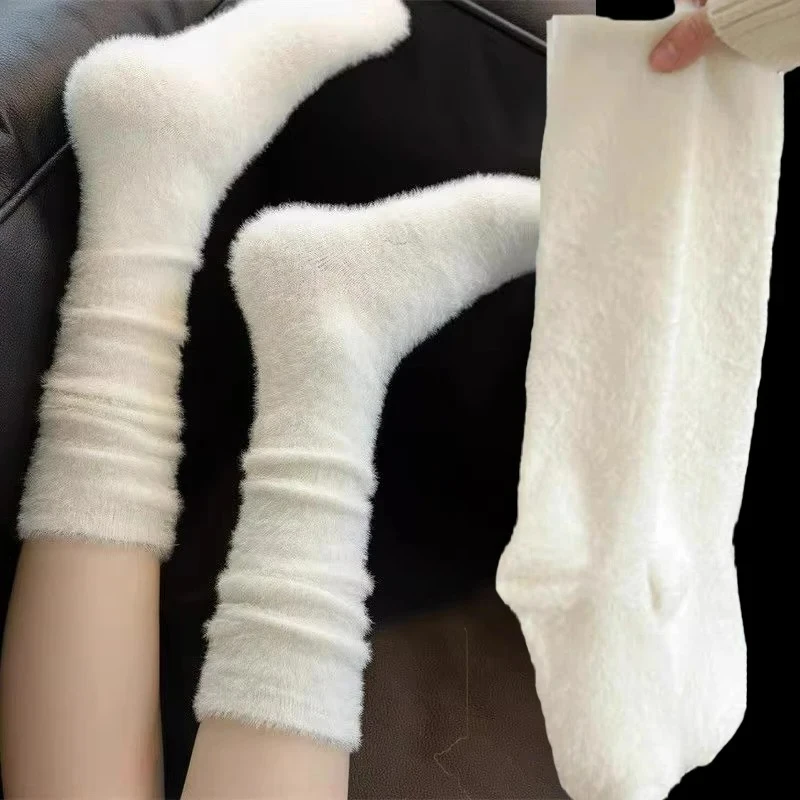 

Белые плюшевые норковые длинные носки, зимние мягкие супер бархатные белые, черные утепленные зимние напольные флисовые длинные чулки для женщин