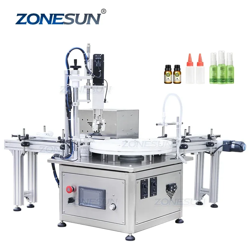 ZONESN Automatic Peristaltic Pump Desktop Monoblock Perfume Liquid Vial Roll-on Bottle Filling Capping Machine With Conveyor