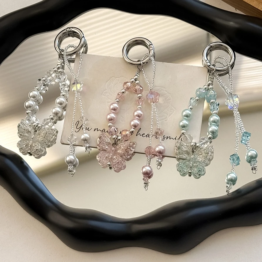 Luxury Pearl Butterfly Tassel Pendant Phone Chain Charm Lanyard for iPhone Samsung Butterfly Charm Universal Accessories Lanyard