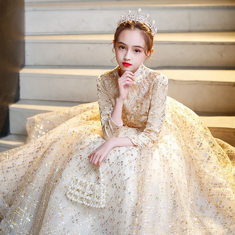 Elegant Princess Golden Lace Dress Kids Flower Girl Dresses For Girls Vintage Children Dress for Christmas Party Long Ball Gown