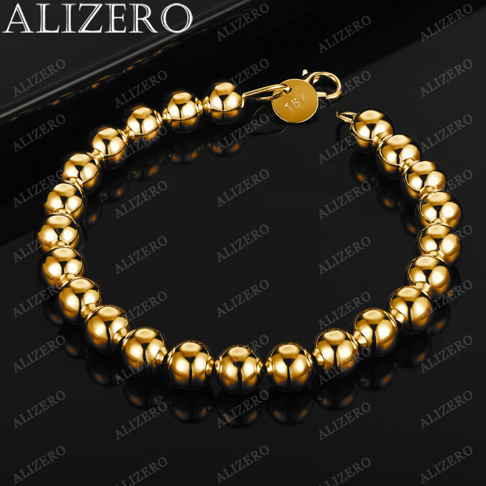 ALIZERO 18K złota bransoletka 4/6/8/10/14MM gładkie koraliki łańcuszek kulkowy bransoletki dla kobiety mężczyźni moda wesele prezent Fine Jewelry
