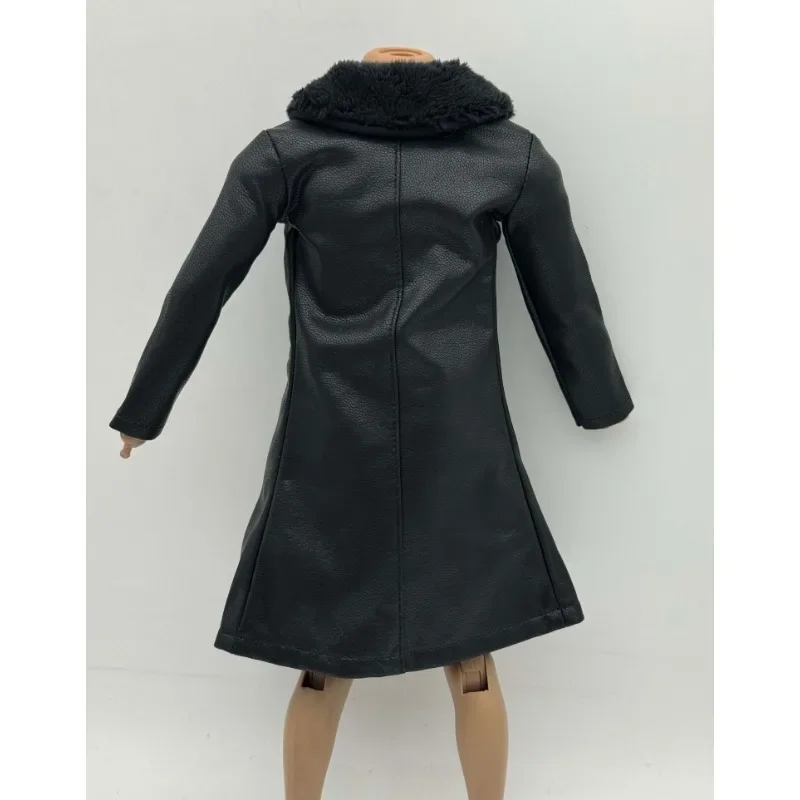 Black 1/6 Scale Male Pu Leather Windbreaker Long Coat Furry Collar Lapel Clothes Model for 12in Action Figue Accessory