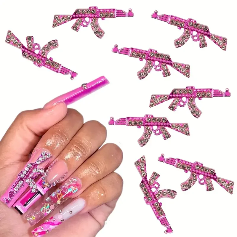 5 sztuk różowego pistoletu ze stopu 3D do zdobienia paznokci z kryształki górskie, luksusową akcesoria do paznokci w kształcie pistoletu do DIY lub Salon paznokci