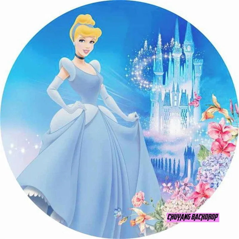 Dreamy Magic Castle Cinderella Round Backdrops Blue Dress Blonde Princess Circle Background Girls Birthday Table Banner Covers