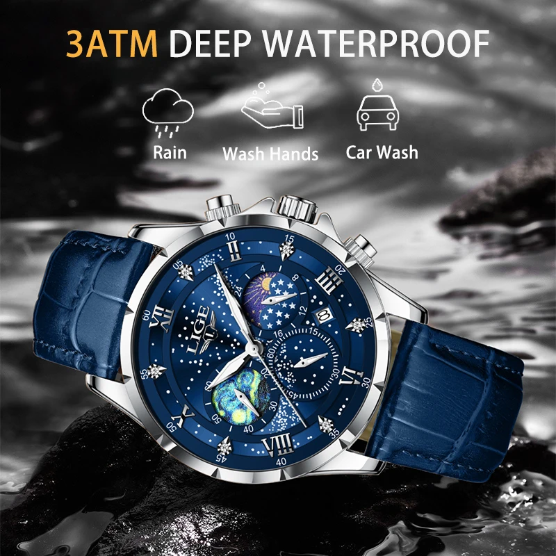 LIGE Luxury Leather Man Watch Quartz Calendar Waterproof Luminous Chronograph Mens Watch Moon Phase Outdoor Sports Men Watches