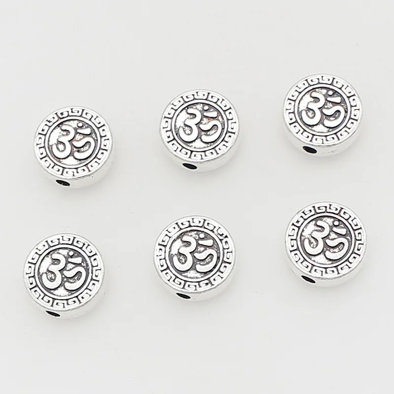 10pcs/Lot Religious Flat Round Buddhism Prayer Loose Beads 12mm Buddhist Symbol Charms Bead Spacers DIY Jewelry Accessories