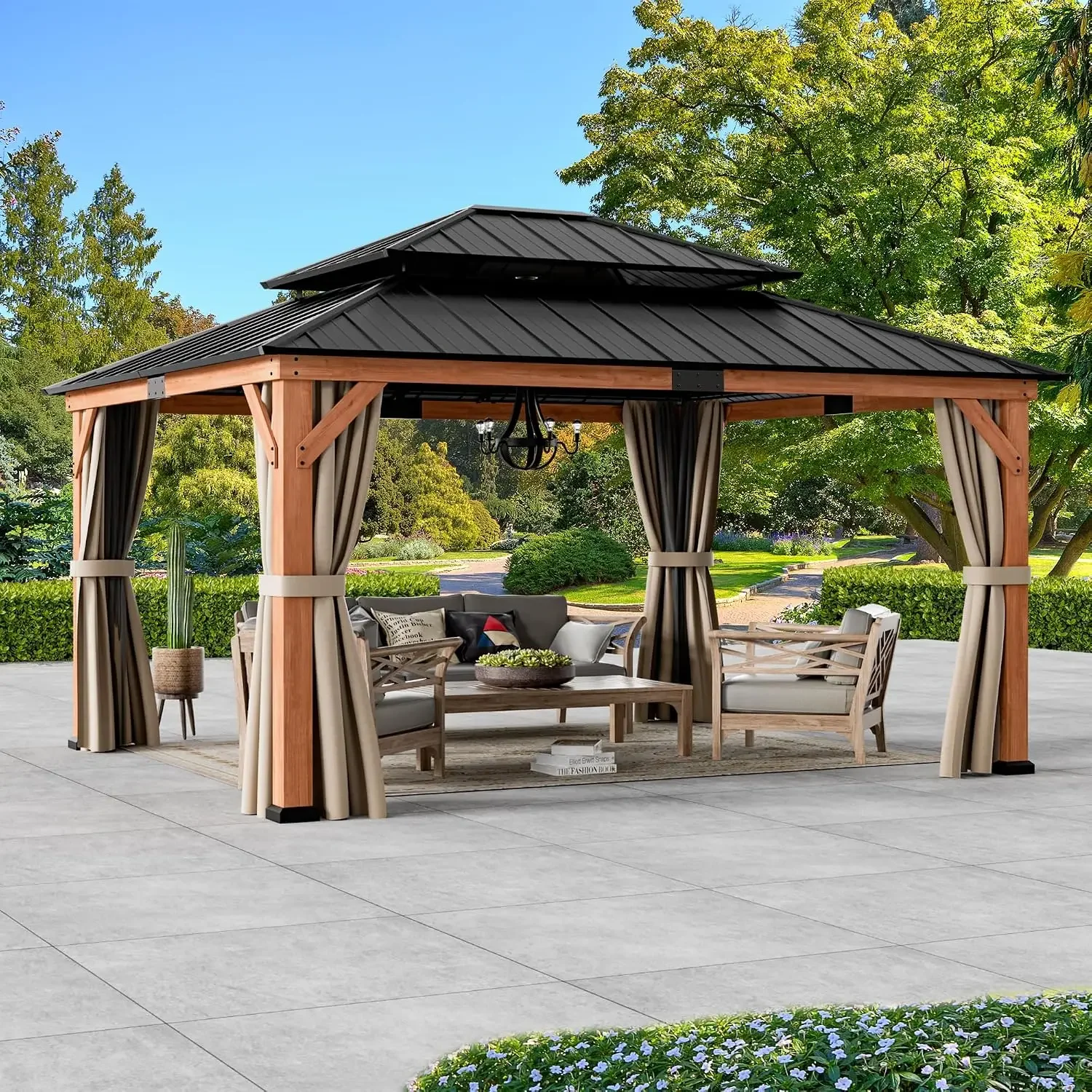Modern Shade Permanent Wood Gazebo 13x15 with Double Galvanized Steel Roof, Customized