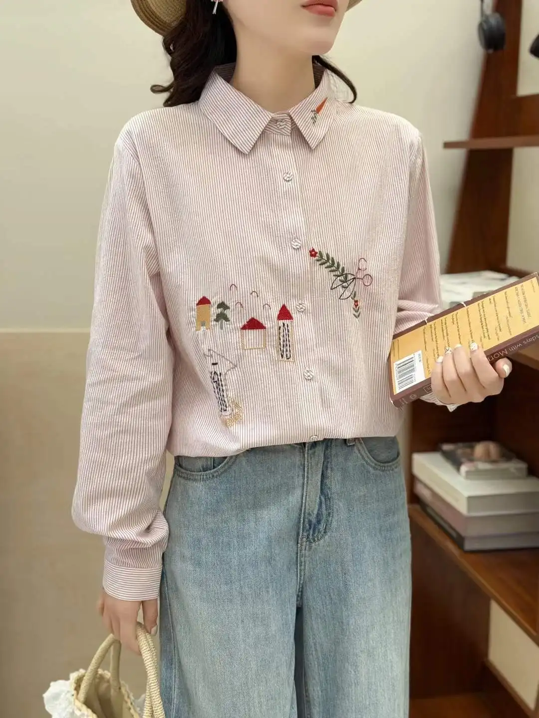 Ladies clothing sale mori girl spring Japan style cartoon houses carrot embroidery striped shirt white pink stripes blouses