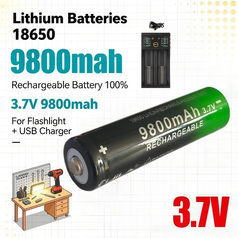 Flashlight 18650 Battery Kit lpega 3.7V 9800mah 18650 Rechargeable Lithium Batteries With Practical USB Charger