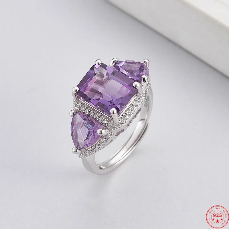 S925 Sterling Silver Charms Rings for Women Geometric Square Shaped  Amethyst Inlaid Micro Zircon Fashion Jewelry Wholesale