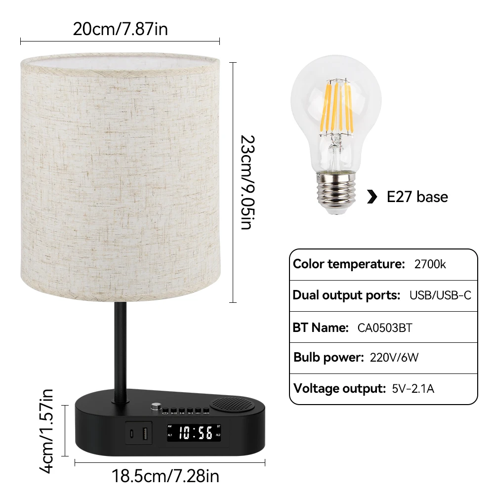 Bedside Table Lamp with Bluetooth and Alarm Clock Function Fabric Music Player Table Lamp Three Color Adjusted for Living Room