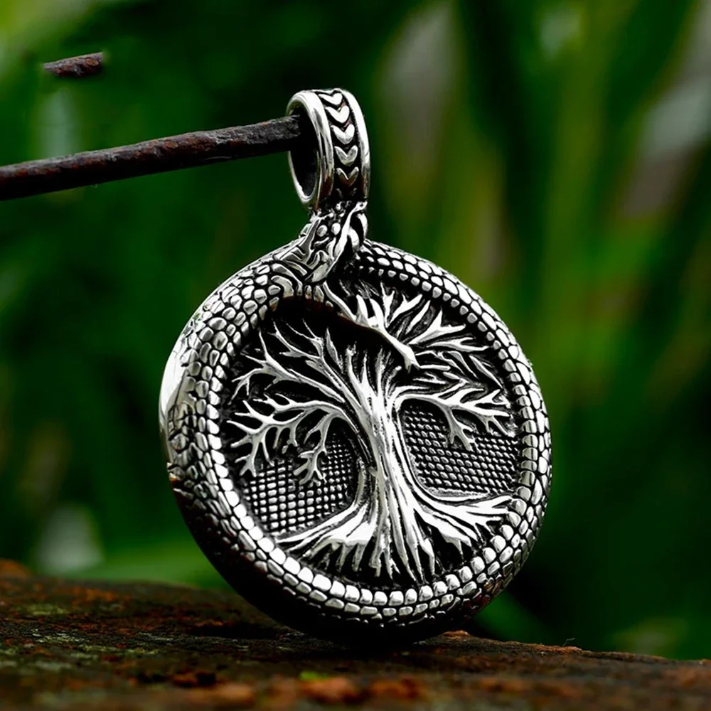 Nordic Yggdrasil Viking Tree of Life Pendant Necklace Stainless Steel Vintage Ouroboros Necklace Men Scandinavian Amulet Jewelry