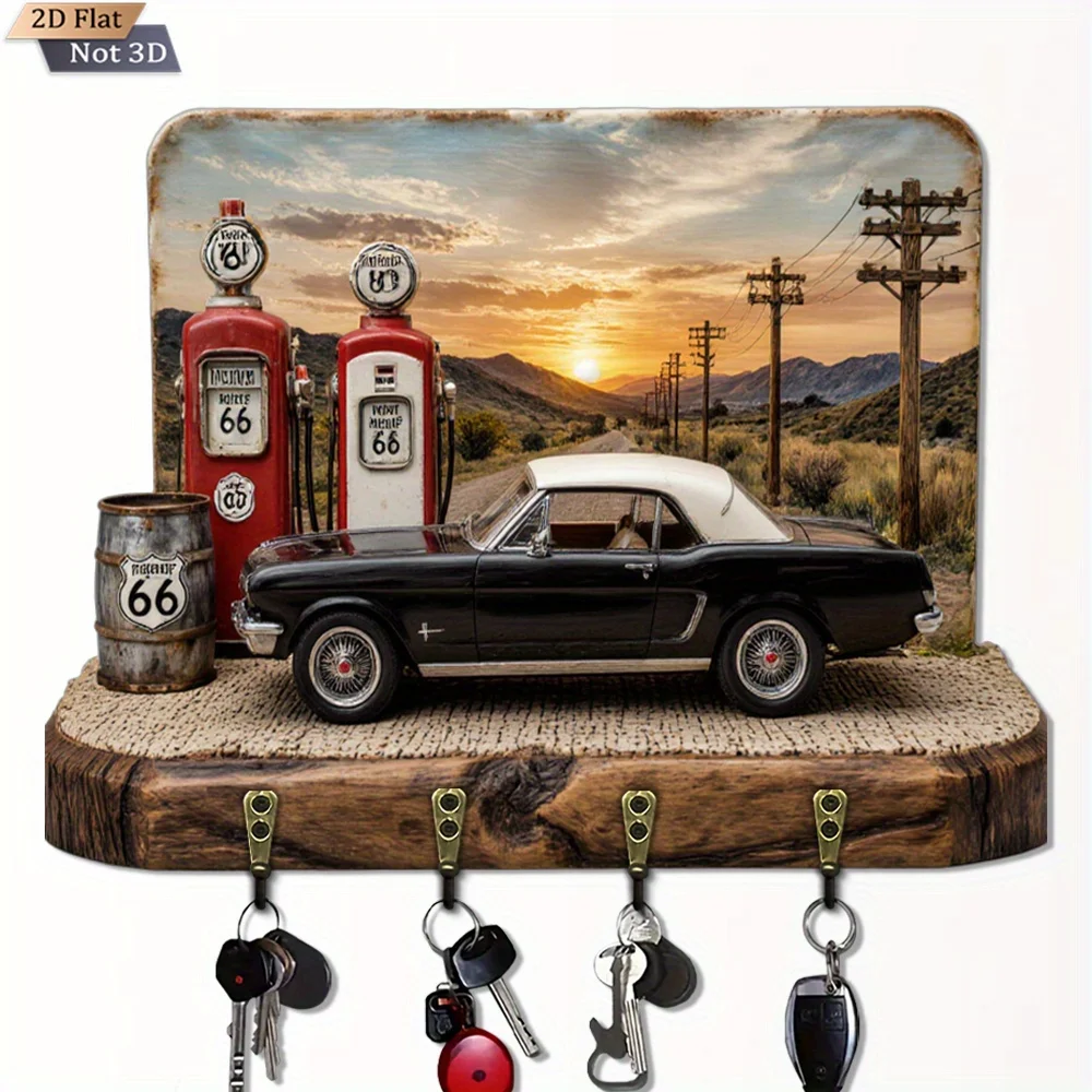 1 Vintage Car Scene with Gas Station and Route 66 Barrel - Rustic Wooden Key Holder, 11.8inch x 9.0inch Wall Decoration,