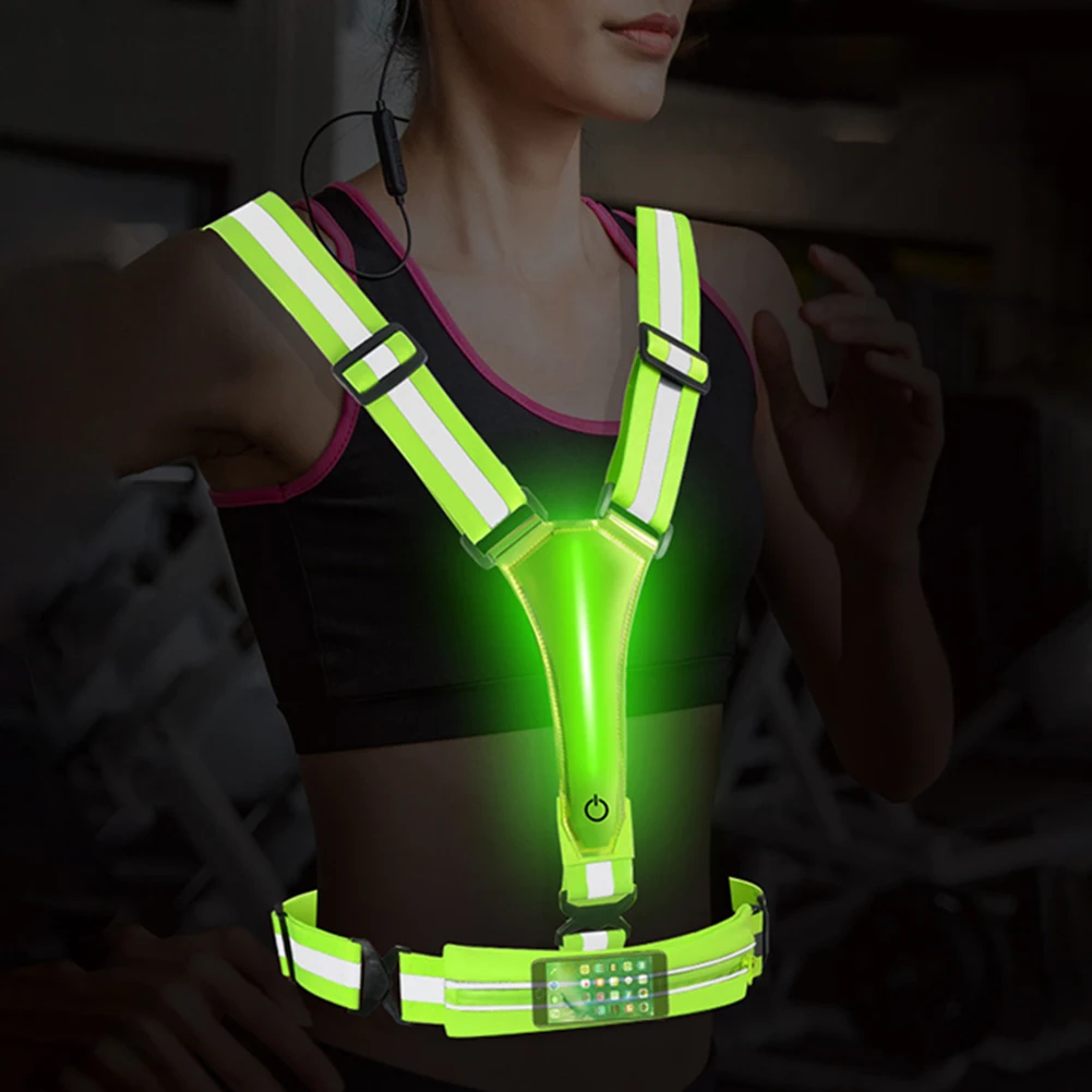 LED Reflective Vest Light Up Running Vest USB Rechargeable Cycling Security Vest 3 Light Modes with Phone Bag for Women Men Kids