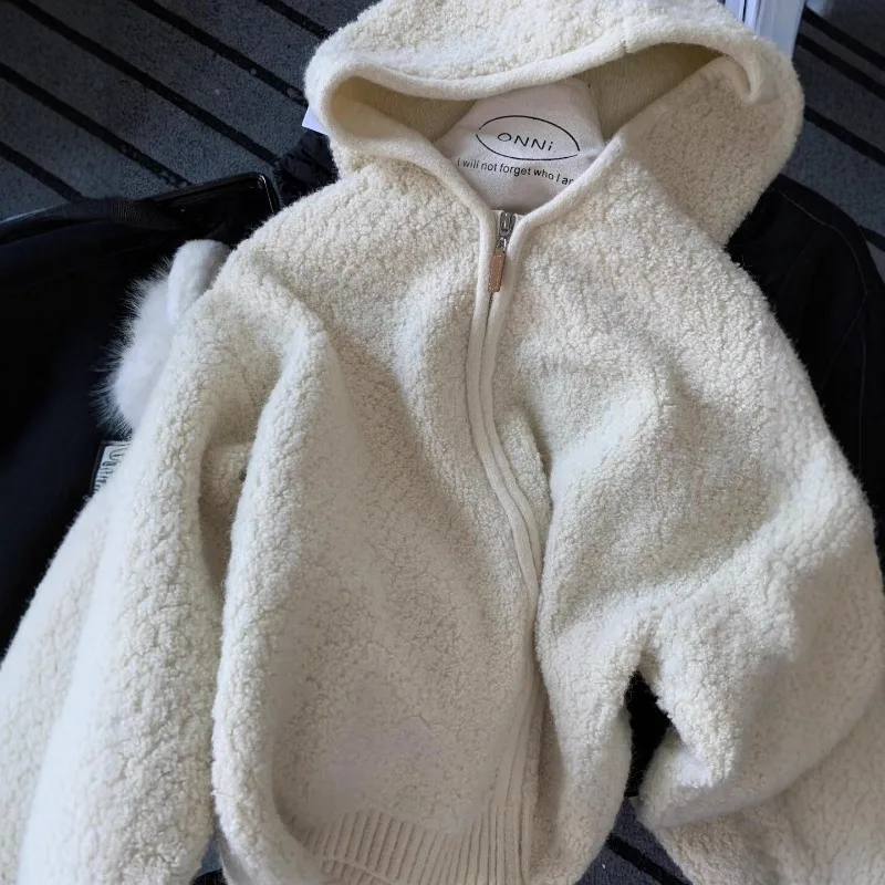 

2025 Winter Pink Lamb Fleece Hooded Zipper Knitted Cardigan Women's Lazy Soft Sticky Warm Sweater Female Clothing