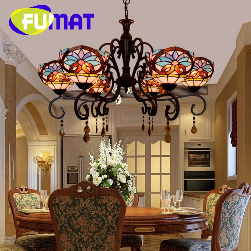 

FUMAT Tiffany stained glass Crystal Hearts Baroque Crystal Chandelier Retro Pastoral Living room Bar restaurant aisle LED decor