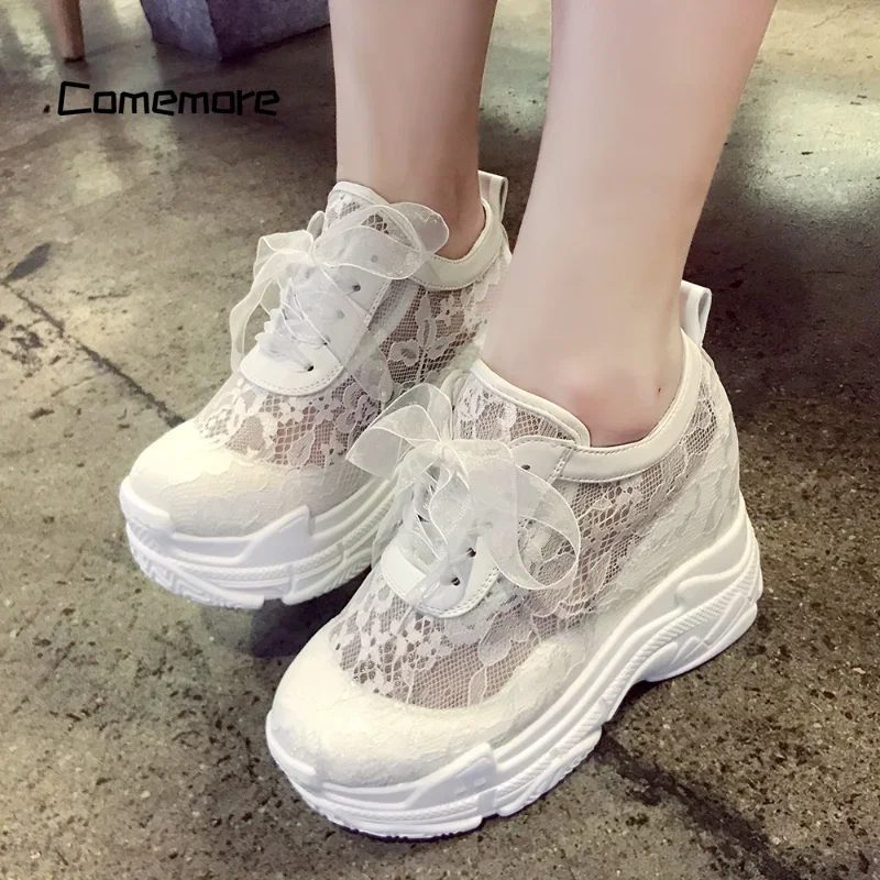 Comemore Elegant White Women Casual Shoes High Heels Wedges Outdoor Shoes Breathable Shoes Woman 12cm New Mesh Platform Sneakers