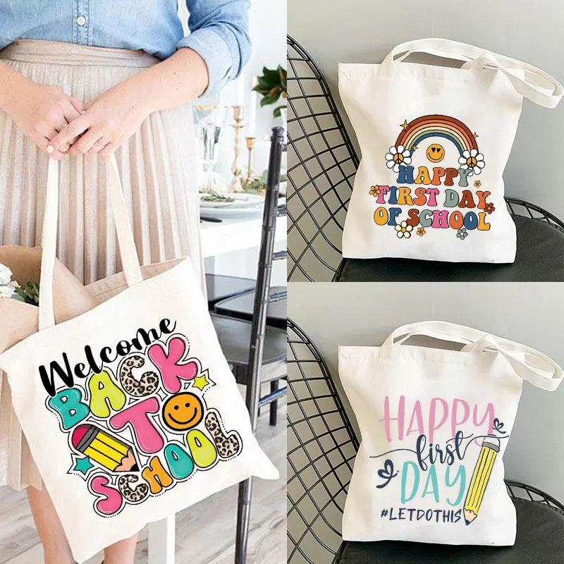 Happy First Day of School Print Canvas Tote Bag Back To School Season Best Gifts Shopping Totes Shoulder Bags Book Bag Handbag